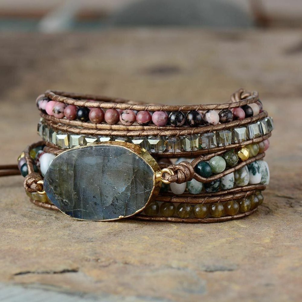 Natural Agate Jasper Crystal Beaded Leather Wrap Bracelet Labradorite Charm